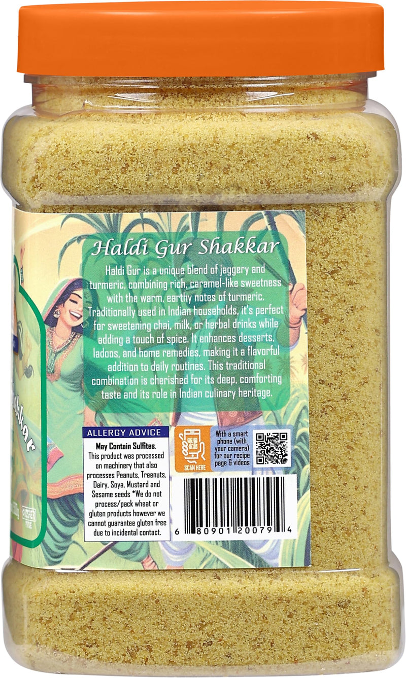 Rani Haldi Gur Shakkar (Turmeric with Indian Jaggery) Indian Unrefined Raw Cane Sugar 17.5oz (1.1lbs) 500g PET Jar ~ Gluten Friendly | Vegan | NON-GMO | Kosher | No Salt or fillers | Indian Product