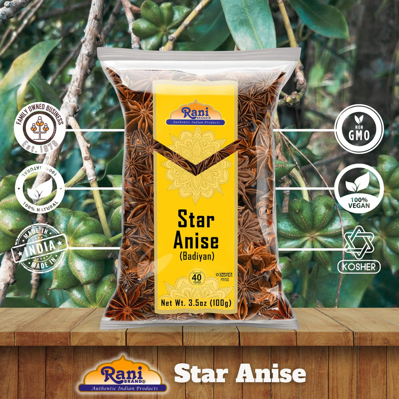Rani Star Anise Seeds, Whole Pods (Badian Khatai) Spice 3.5oz (100g) ~ All Natural | Gluten Friendly | Kosher | Vegan | Whole Chinese Anise Star Sun Dried Spice, Anis Estrella / Illicium Verum, Widely Used for Baking, Drinks, Cooking, and Tea