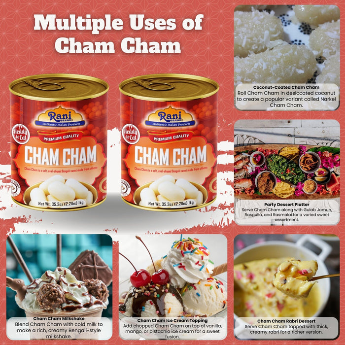 Rani Cham Cham (Oval-shaped Bengali Sweet) 35.3oz (2.2lbs) 1kg, Pack of 2, Approximately 14 pieces, Easy Open Lid ~ Ready to eat | Gluten Free | Non-GMO | Kosher | Indian Origin