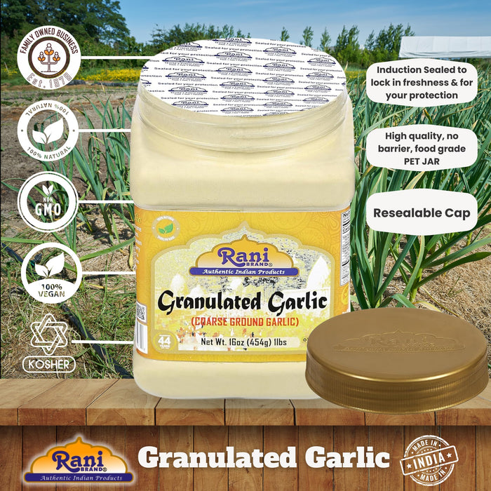 Rani Granulated Garlic (Coarse Ground Garlic) 16oz (1lb) 454g PET Jar ~ All Natural | Gluten Friendly | Vegan | NON-GMO | Kosher | No Salt or fillers | Product of USA
