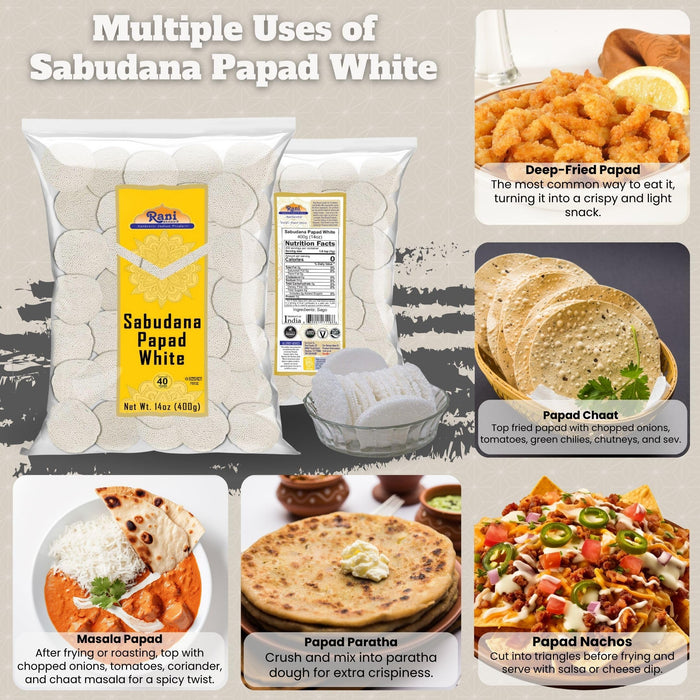 Rani Sabudana (Sago) Papad White 14oz (400g) ~ All Natural, No Preservatives | Vegan | Gluten Friendly | NON-GMO | Kosher | Indian Origin