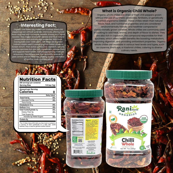 Rani Organic Chilli Whole (Lal Mirch Sabut) 7oz (200g) PET Jar ~ All Natural | Vegan | No Colors | Gluten Friendly | NON-GMO | Kosher | USDA Organic Certified
