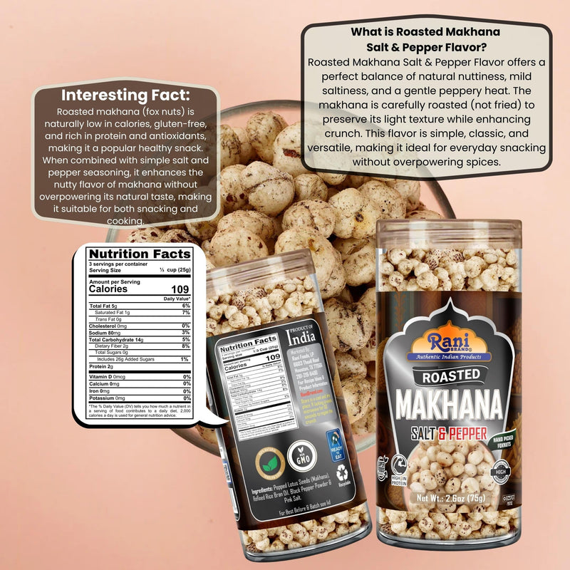 Roasted Makhana, Salt & Pepper Flavor - 2.6oz (75g)  - Rani Brand Authentic Indian Products