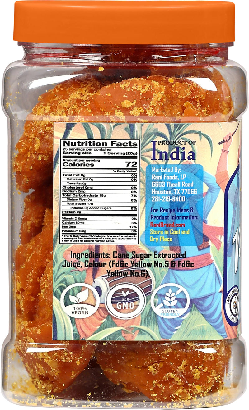 Rani Pesi Gur (Jaggery) Indian Unrefined Raw Cane Sugar 17.5oz (1.1lbs) 500g PET Jar ~ Gluten Friendly | Vegan | NON-GMO | Kosher | No Salt or fillers | Indian Product
