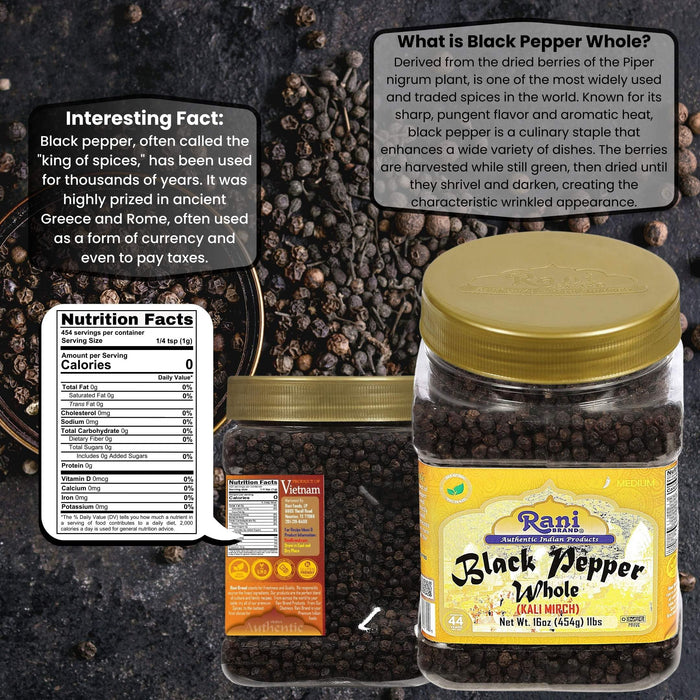 Rani Black Pepper Whole (Peppercorns), Premium MG-1 Grade 16oz (454g) ~ Gluten Free | Non-GMO | Natural Perfect size for Grinders | Kosher