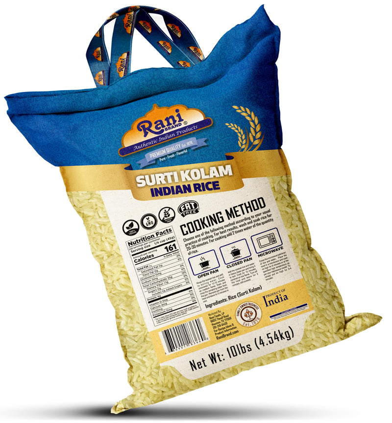 Rani Surti Kolam Indian Rice 160oz (10lbs) 4.54kg Cloth Bag ~ All Natural | Gluten Friendly | Vegan | Kosher | Export Quality | Indian Origin