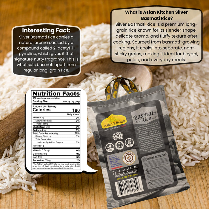 Asian Kitchen Silver White Basmati Rice Aged, 20 Pound (20lbs, 9.08kg) ~ All Natural | Gluten Friendly | Vegan | Indian Origin | Export Quality