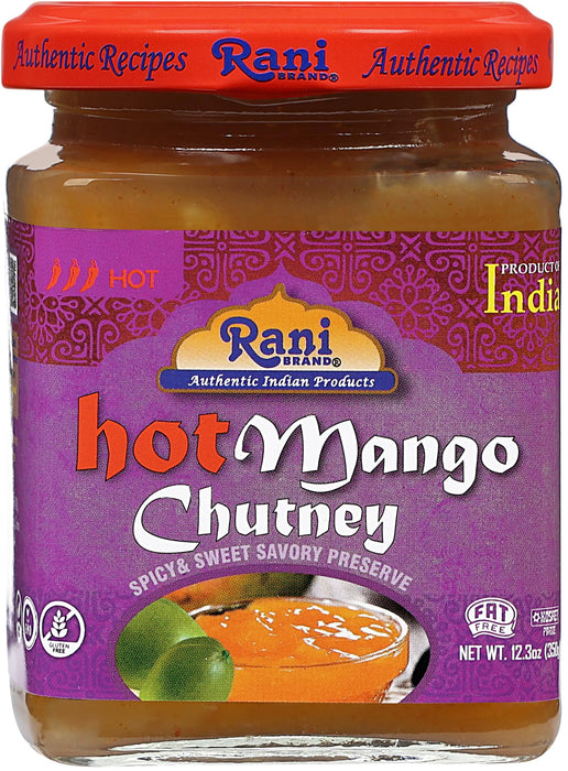 Rani Hot Mango Chutney (Spicy Indian Preserve) 12.3oz (350g) Glass Jar, Pack of 2, Ready to eat, Vegan ~ Gluten Free, All Natural, NON-GMO, Kosher