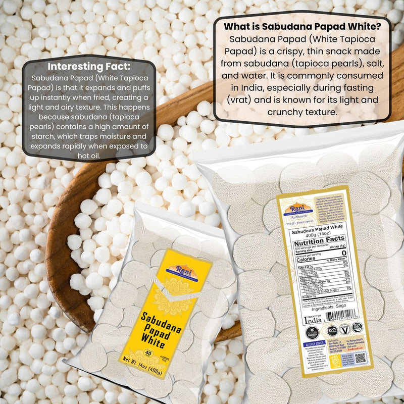 Rani Sabudana (Sago) Papad White 14oz (400g) ~ All Natural, No Preservatives | Vegan | Gluten Friendly | NON-GMO | Kosher | Indian Origin