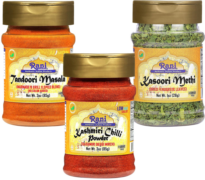 Rani Tandoori Masala 3oz (85g), Kashmiri Chilli Powder 3oz (85g), Kasoori Methi 1oz (28g) PET Jar Combo Pack of 3 ~ All Natural | Vegan | Gluten Friendly | NON-GMO | Indian Origin
