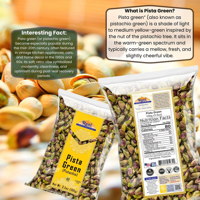 Rani Pista (Pistachio) Green 3.5oz (100g) ~ All Natural | Gluten Friendly | Vegan | NON-GMO | Kosher | No Salt or fillers | Indian Origin