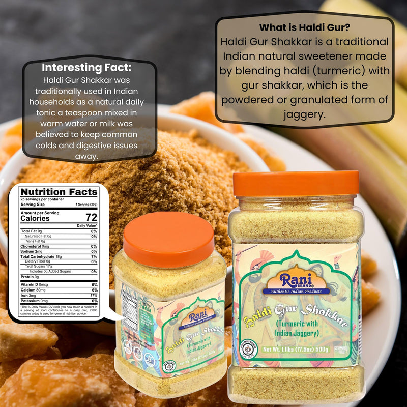 Rani Haldi Gur Shakkar (Turmeric with Indian Jaggery) Indian Unrefined Raw Cane Sugar 17.5oz (1.1lbs) 500g PET Jar ~ Gluten Friendly | Vegan | NON-GMO | Kosher | No Salt or fillers | Indian Product
