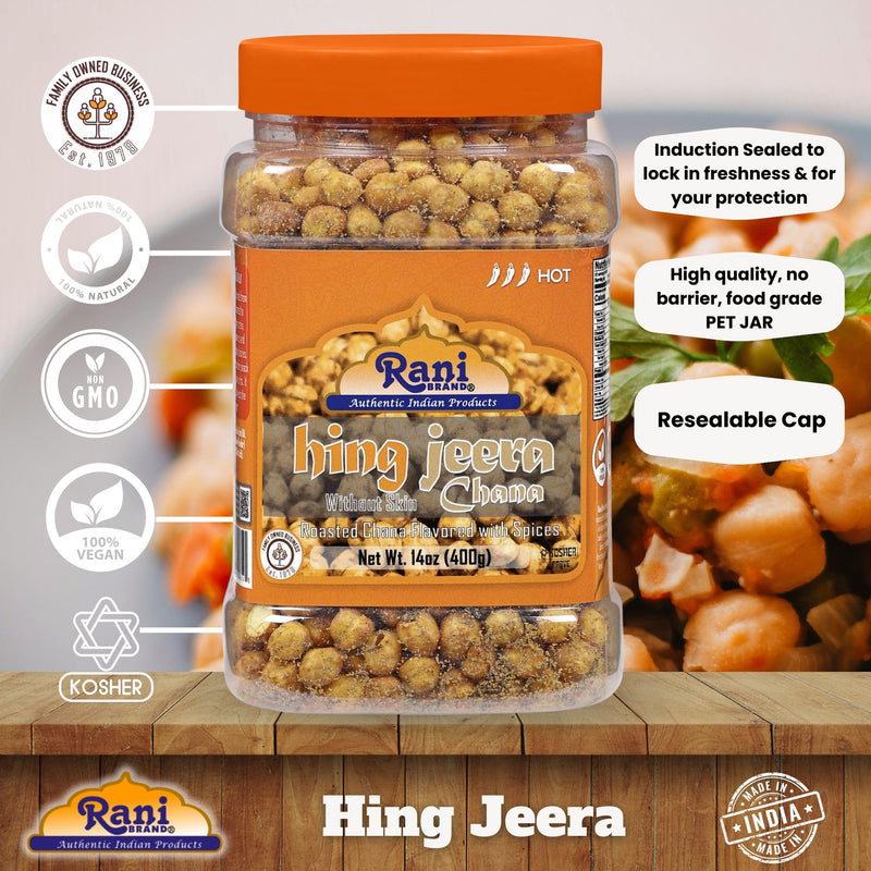 Rani Roasted Chana (Chickpeas) Hing-Jeera (Cumin-Asafetida) Flavor 14oz (400g) PET Jar ~ All Natural | Vegan | No Preservatives | Gluten Friendly | Kosher | Indian Origin |Ready to Eat | Seasoned with 9 Spices