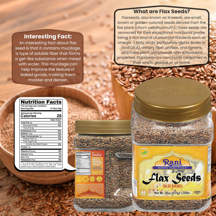 Rani Flax Seeds Whole Raw (Alsi, Linum usitatissimum) 20oz (567g) PET Jar | All Natural ~ Gluten Friendly | NON-GMO | Vegan | Kosher | Product of USA