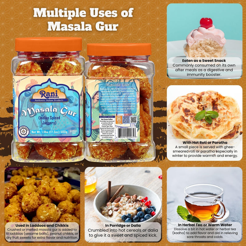 Rani Masala Gur (Jaggery) Indian Unrefined Raw Cane Sugar 17.5oz (1.1lbs) 500g PET Jar ~ Gluten Friendly | Vegan | NON-GMO | Kosher | No Salt or fillers