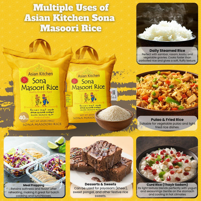 Asian Kitchen White Sona Masoori Aged Rice 40-Pound Bag, 40lbs (18.14kg) Short Grain Rice ~ All Natural | Gluten Friendly | Vegan | Indian Origin | Export Quality