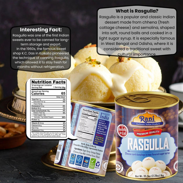 Rani Rasgulla (Cheese Curd Dumplings in Rose Flavor) 35.3oz (2.2lbs) 1kg, Pack of 2, Approximately 14 pieces, Easy Open Lid ~ Ready to eat | Gluten Friendly | Vegan | Non-GMO | Kosher | Indian Origin