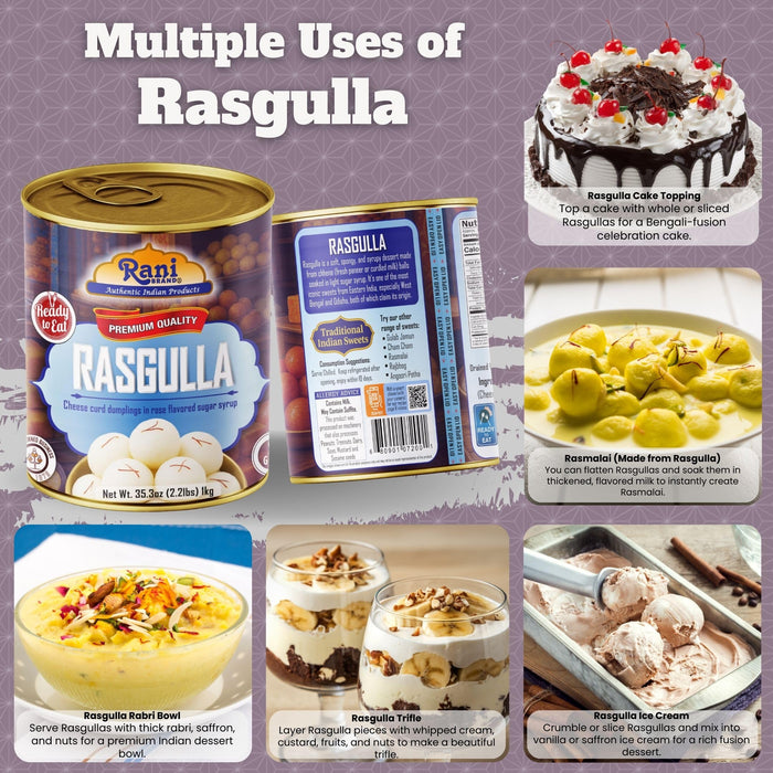 Rani Rasgulla (Cheese Curd Dumplings in Rose Flavor) 35.3oz (2.2lbs) 1kg, Approximately 14 pieces, Easy Open Lid ~ Ready to eat | Gluten Friendly | Vegan | Non-GMO | Kosher | Indian Origin