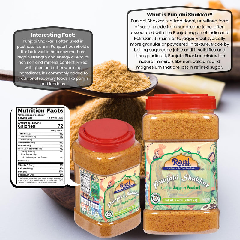Rani Punjabi Shakkar (Gur Jaggery Powder) Indian Unrefined Raw Cane Sugar 70oz (4.4lbs) 2kg PET Jar ~ Gluten Friendly | Vegan | NON-GMO | Kosher | No Salt or fillers | Indian Product