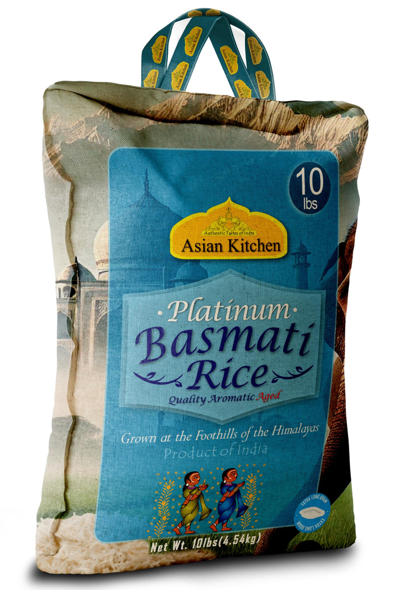 Asian Kitchen Platinum White Basmati Rice Extra Long Aged 10lbs (4.54kg) ~ All Natural | Vegan | Gluten Friendly | Indian Origin