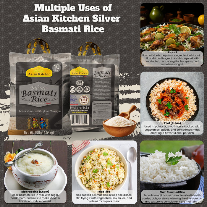 Asian Kitchen Silver White Basmati Rice Aged, 10 Pound (10lbs, 4.54kg) ~ All Natural | Gluten Friendly | Vegan | Indian Origin | Export Quality