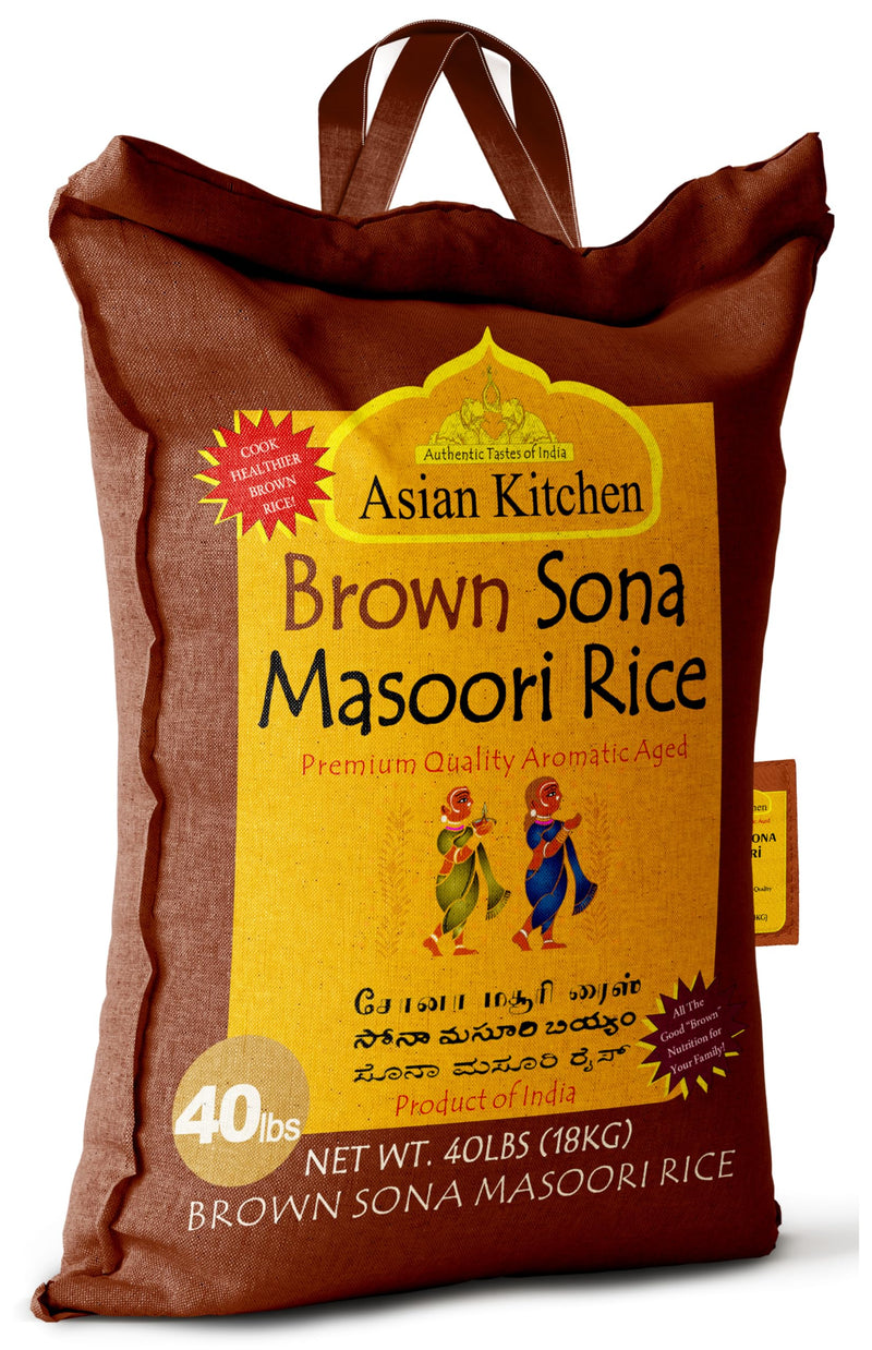 Asian Kitchen Brown Sona Masoori Aged Rice 40-Pound Bag, 40lbs (18.14kg) Short Grain Rice ~ All Natural | Gluten Friendly | Vegan | Kosher | Indian Origin | Export Quality