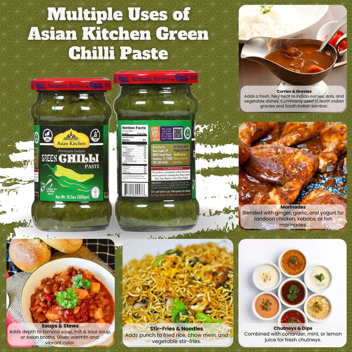Asian Kitchen Green Chilli Cooking Paste 10.58oz (300g) ~ Vegan | Glass Jar | Gluten Free | NON-GMO | No Colors | Indian Origin