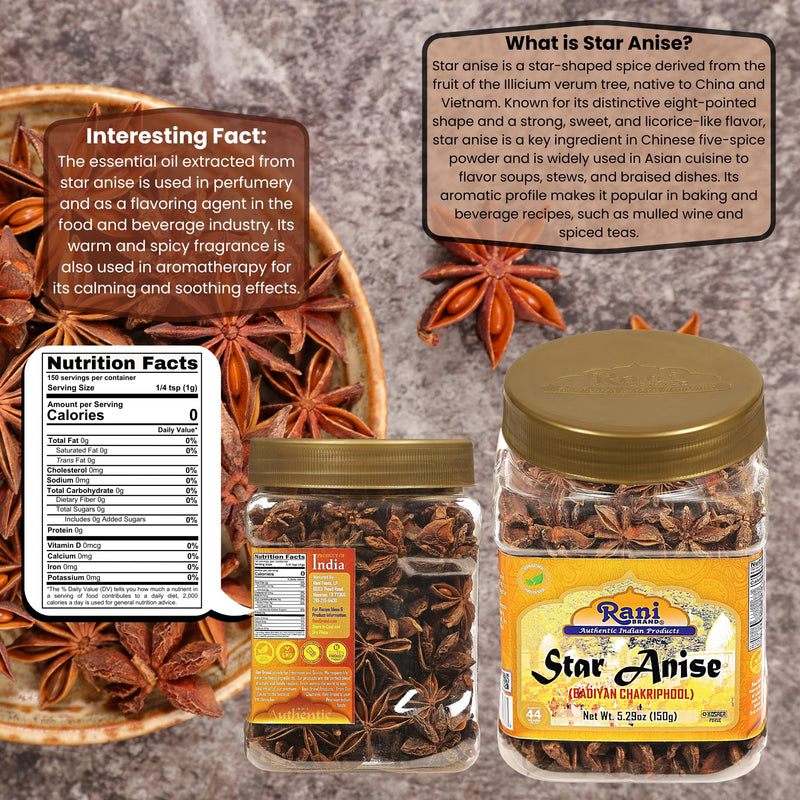 Rani Star Anise Seeds, Whole Pods (Badian Khatai) Spice 5.29oz (150g) PET Jar ~ All Natural | Gluten Friendly | Kosher | Vegan | Whole Chinese Anise Star Sun Dried Spice, Anis Estrella / Illicium Verum, Widely Used for Baking, Drinks, Cooking, and Tea