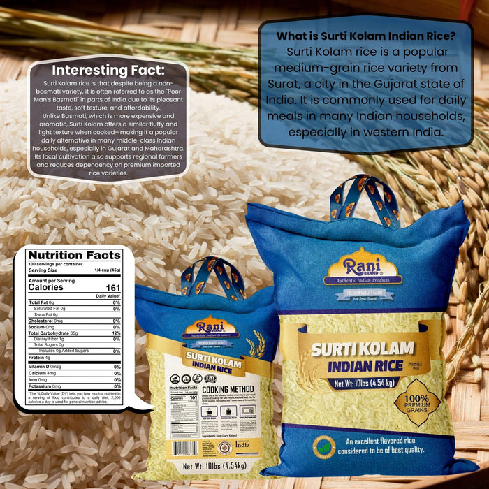 Rani Surti Kolam Indian Rice 160oz (10lbs) 4.54kg Cloth Bag ~ All Natural | Gluten Friendly | Vegan | Kosher | Export Quality | Indian Origin