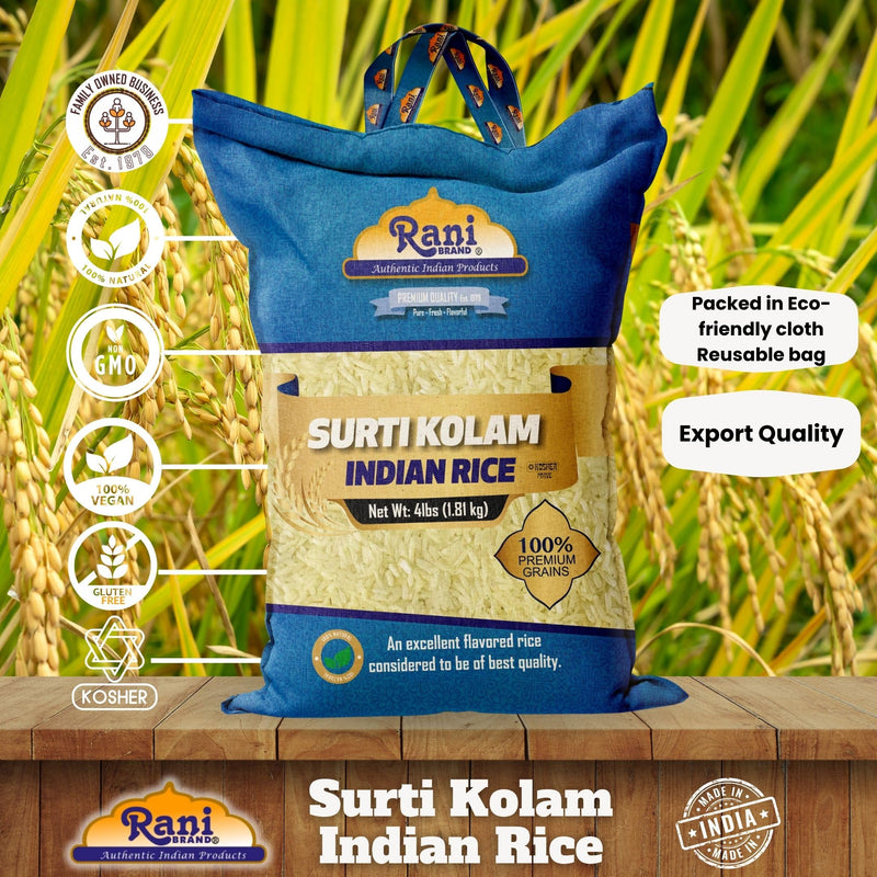 Rani Surti Kolam Indian Rice 64oz (4lbs) 1.81kg Cloth Bag ~ All Natural | Gluten Friendly | Vegan | Kosher | Export Quality | Indian Origin