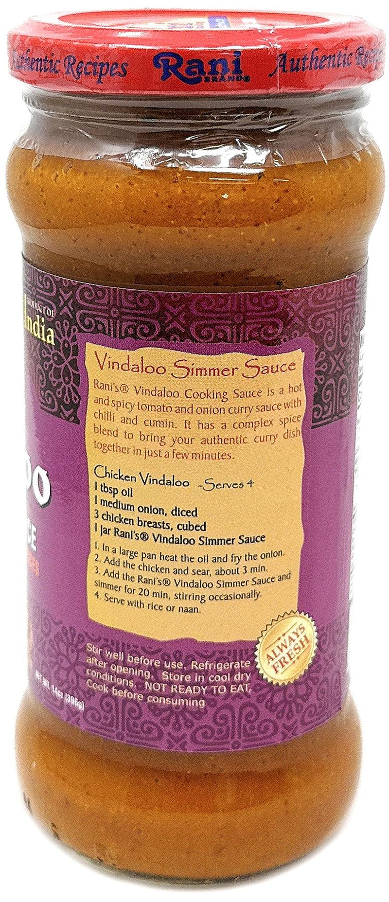 Rani Vindaloo Curry Vegan Simmer Sauce (Spicy Tomato, Red Peppers & Spices) 14oz (400g) Glass Jar ~ Easy to Use | Vegan | No Colors | All Natural | NON-GMO