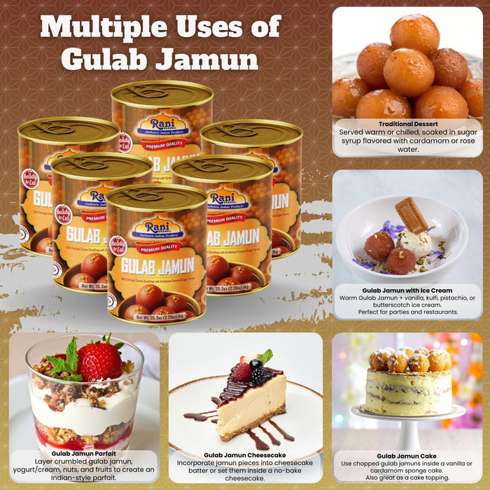 Rani Gulab Jamun Round (w/ Cardamom Flavored Sugar Syrup) 35.3oz (2.2lbs) 1kg, Pack of 6, Approximately 14 pieces, Easy Open Lid ~ Ready to eat | Vegan | Non-GMO | Kosher | Indian Origin