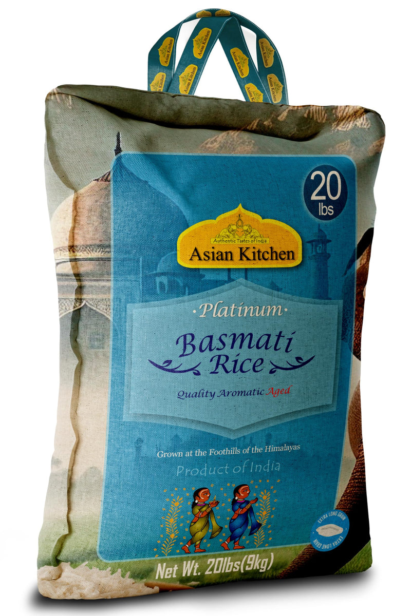 Asian Kitchen Platinum White Basmati Rice Extra Long Aged 20lbs (9.08kg) ~ All Natural | Gluten Friendly | Vegan | Indian Origin | Export Quality