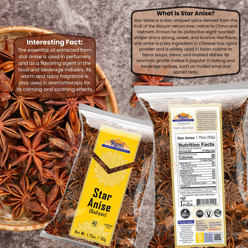 Rani Star Anise Seeds, Whole Pods (Badian Khatai) Spice 1.75oz (50g) ~ All Natural | Gluten Friendly | Kosher | Vegan | Whole Chinese Anise Star Sun Dried Spice, Anis Estrella / Illicium Verum, Widely Used for Baking, Drinks, Cooking, and Tea