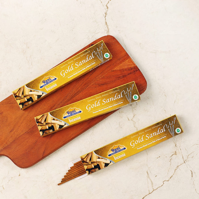 Rani Gold Sandal Incense (Premium Masala Incense Made of Natural Herbs) 15g x 10 Packets ~ Total of 100 Incense sticks | For Puja Purposes | Indian Origin