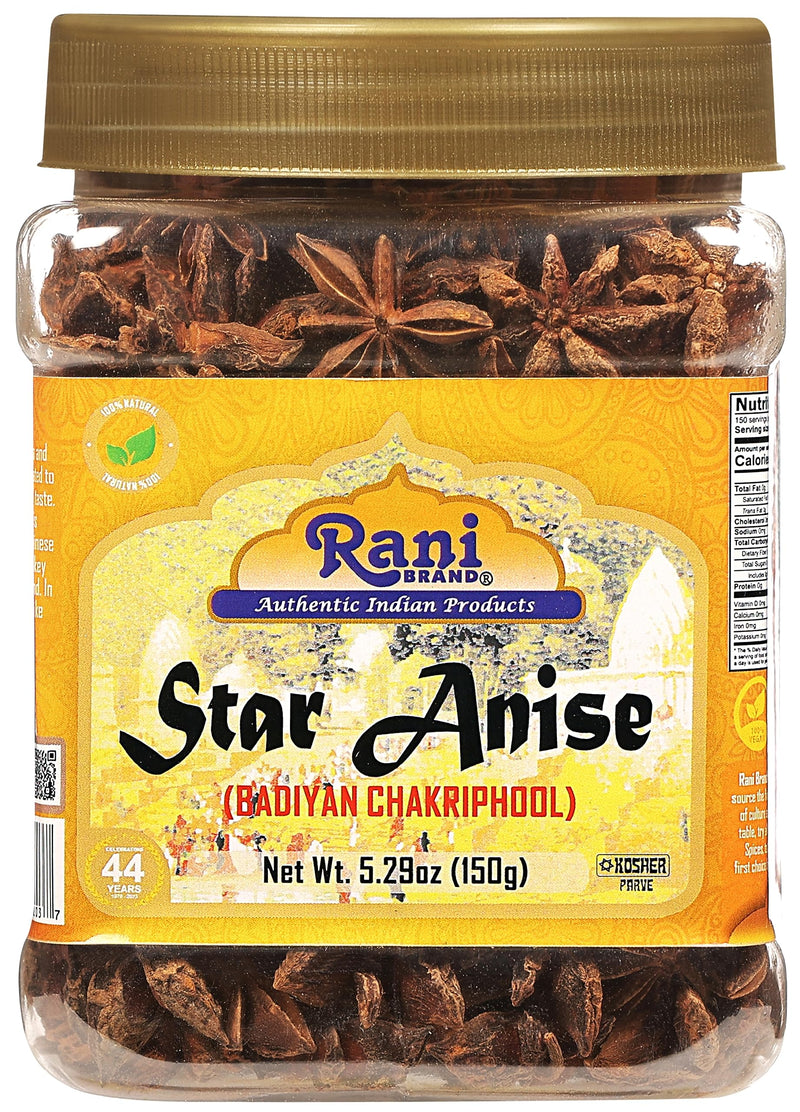 Rani Star Anise Seeds, Whole Pods (Badian Khatai) Spice 5.29oz (150g) PET Jar ~ All Natural | Gluten Friendly | Kosher | Vegan | Whole Chinese Anise Star Sun Dried Spice, Anis Estrella / Illicium Verum, Widely Used for Baking, Drinks, Cooking, and Tea