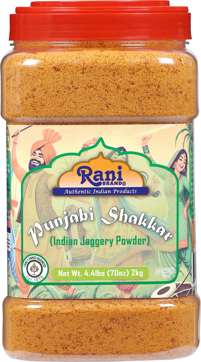Rani Punjabi Shakkar (Gur Jaggery Powder) Indian Unrefined Raw Cane Sugar 70oz (4.4lbs) 2kg PET Jar ~ Gluten Friendly | Vegan | NON-GMO | Kosher | No Salt or fillers | Indian Product
