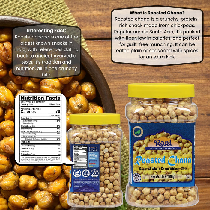 Rani Roasted Chana Skinless (Chickpeas) Plain Flavor (No Skin) 14oz (400g) PET Jar ~ All Natural | Vegan | No Preservatives | Kosher | Gluten Friendly | Indian Origin | Great Snack, Ready to Eat