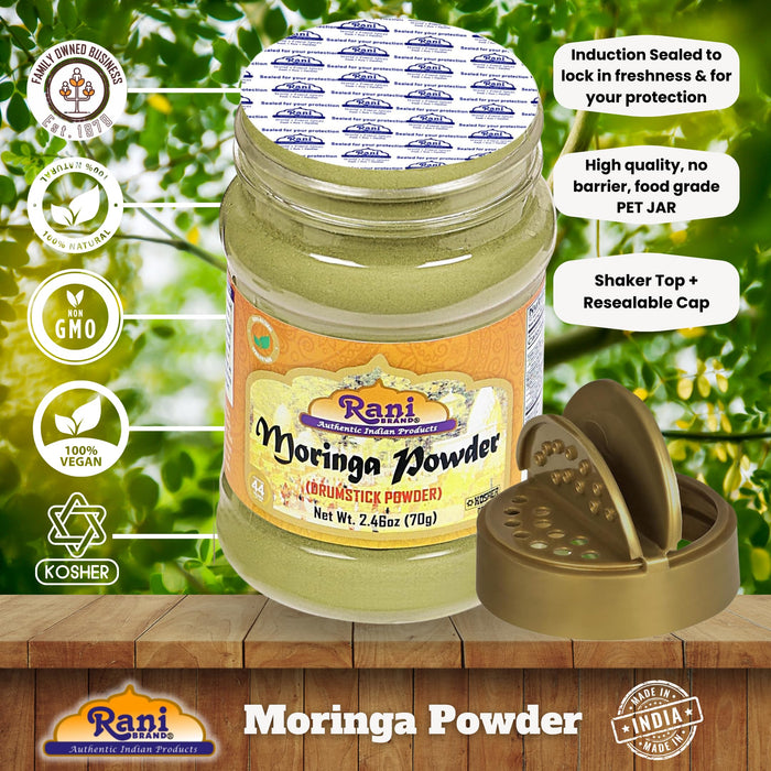 Rani Moringa Powder (Drumstick Powder) 2.46oz (70g) PET Jar ~ 100% Natural | Vegan | Gluten Friendly | NON-GMO | Kosher | No colors | Indian Origin