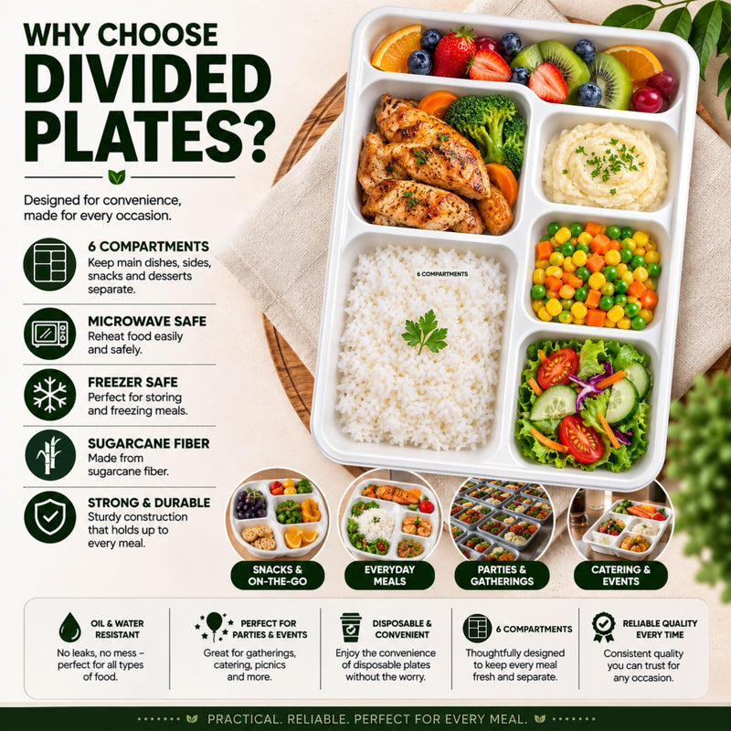 Rani 6 Compartment Square Biodegradable Divided Plates, Pack of 1000 ~ Party, Thali, Buffet | Disposable & Eco-Friendly | Heavy-Duty Sturdy Paper Bagasse | Premium Quality | 12.5" x 8.5" x 1.10"