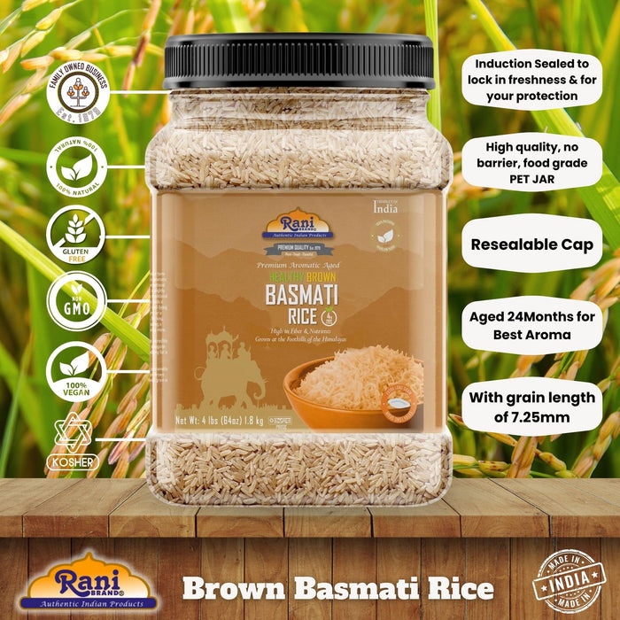 Rani Brown Basmati Rice Extra Long Aged 64oz (4lbs) 1.81kg PET Jar ~ All Natural | Gluten Friendly | Vegan | Indian Origin | Kosher | Export Quality