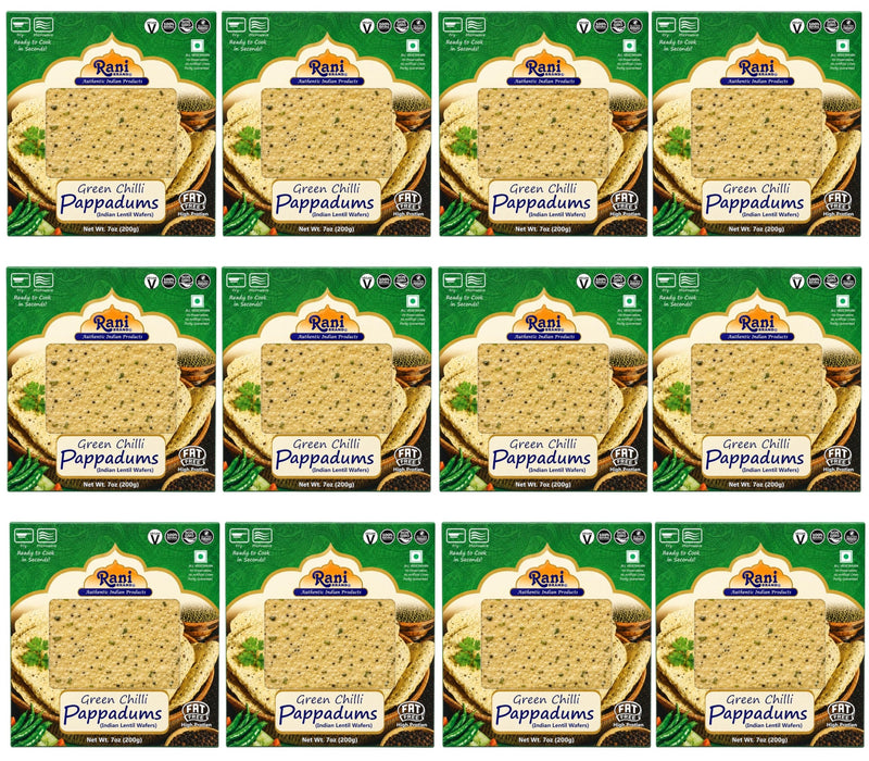 Rani Pappadums (Indian Lentil Wafer Snack) Green Chilli Papad 7oz (200g) Approximately 15pc, 7 inches, Pack of 12 ~ All Natural | Gluten Friendly | NON-GMO | Vegan | Indian Origin