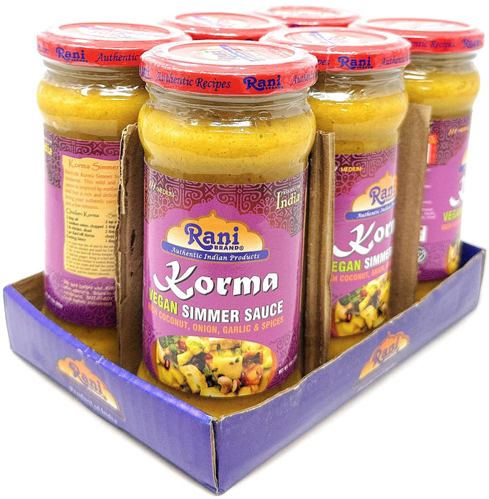 Rani Korma Curry Vegan Simmer Sauce (Rich Coconut, Onion, Garlic & Spices) 14oz (400g) Glass Jar, Pack of 5 +1 FREE ~ Easy to Use | Vegan | No Colors | All Natural | NON-GMO | Gluten Free | Indian Origin