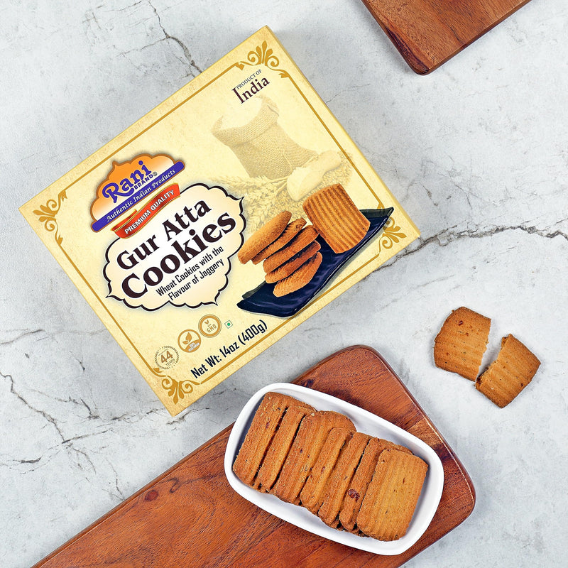 Rani Gur Atta Cookies (Wheat Cookies with the Flavor of Jaggery) 14oz (400g) Pack of 3+1 FREE, Premium Quality Indian Cookies ~ All Natural | Vegan | Non-GMO | Indian Origin