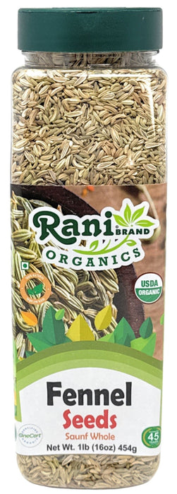 Rani Organic Fennel Seeds (Saunf Sabut) Whole Spice 16oz (1lb) 454g PET Jar ~ All Natural | Vegan | Gluten Friendly | NON-GMO | Kosher | Indian Origin | USDA Certified Organic