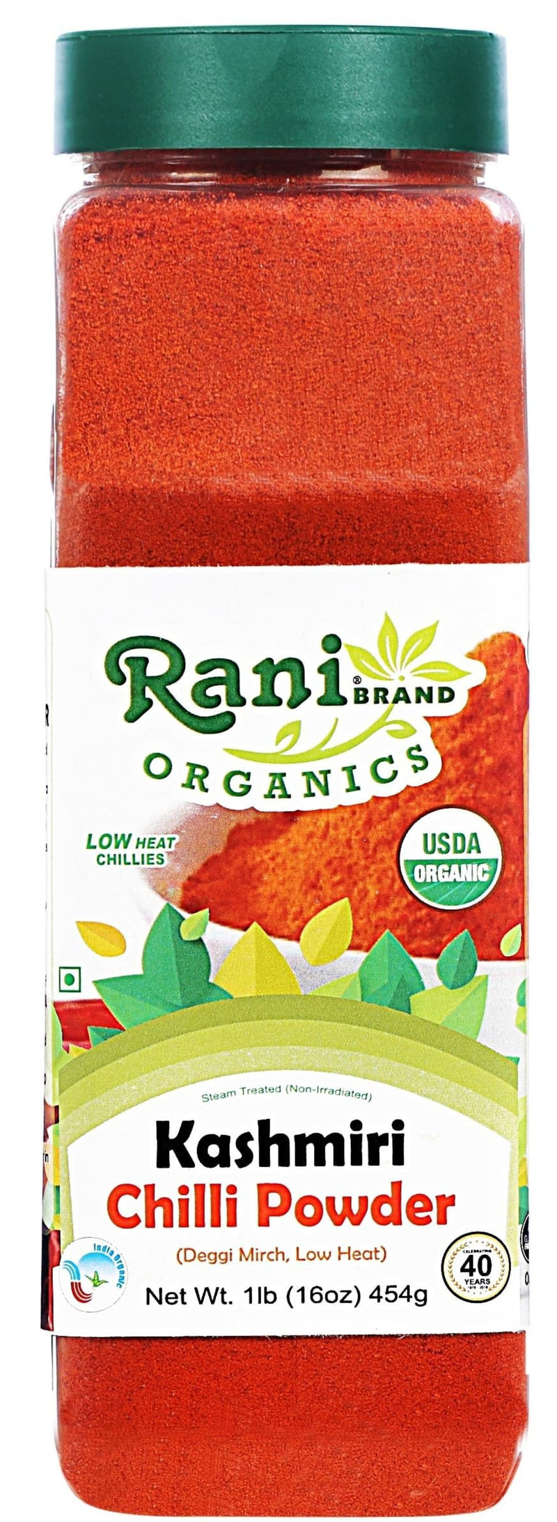 Rani Organic Kashmiri Chilli Powder (Deggi Mirch, Low Heat) 16oz (1lb) 454g PET Jar ~ All Natural | Vegan | Gluten Friendly | NON-GMO | Indian Origin | USDA Certified Organic