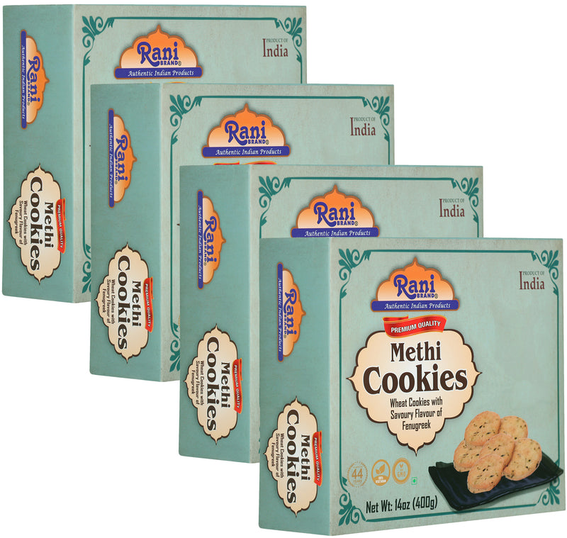 Rani Methi Cookies (Wheat Cookies with Savoury Flavour of Fenugreek) 14oz (400g) Pack of 3+1 FREE, Premium Quality Indian Cookies ~ All Natural | Vegan | Non-GMO | Indian Origin