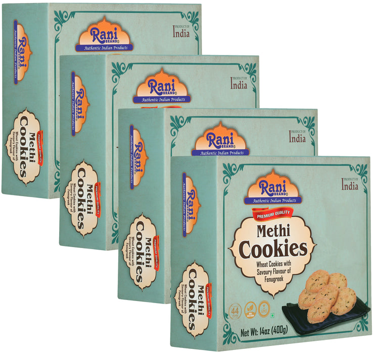 Rani Methi Cookies (Wheat Cookies with Savoury Flavour of Fenugreek) 14oz (400g) Pack of 3+1 FREE, Premium Quality Indian Cookies ~ All Natural | Vegan | Non-GMO | Indian Origin