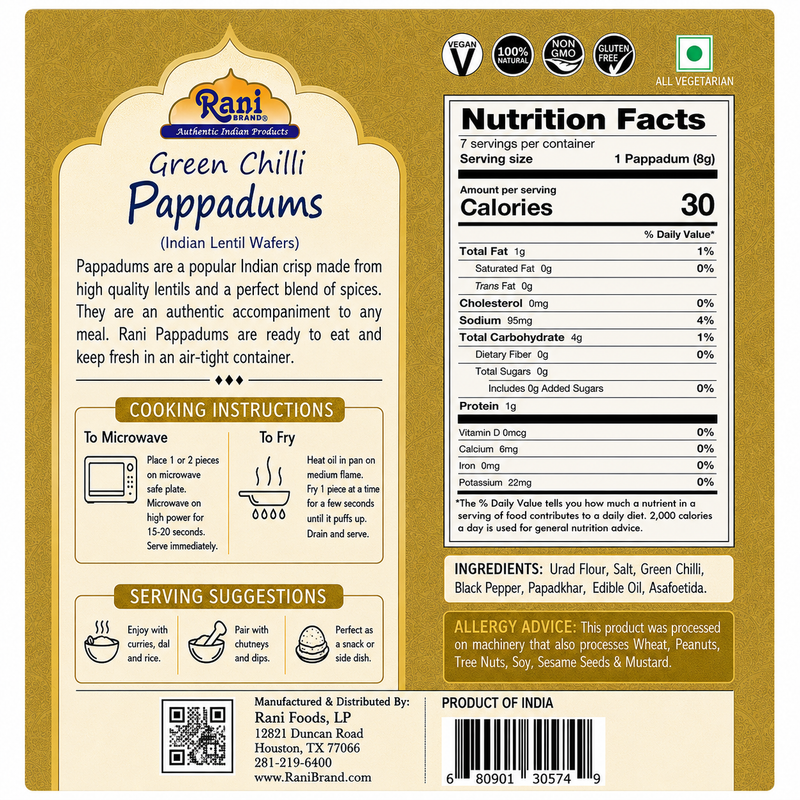 Rani Pappadums (Indian Lentil Wafer Snack) Green Chilli Papad 7oz (200g) Approximately 15pc, 7 inches ~ All Natural | Gluten Friendly | NON-GMO | Vegan | Indian Origin