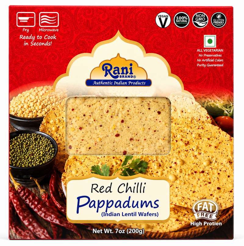 Rani Pappadums (Indian Lentil Wafer Snack) Red Chilli Papad 7oz (200g) Approximately 15pc, 7 inches ~ All Natural | Gluten Friendly | NON-GMO | Vegan | Indian Origin